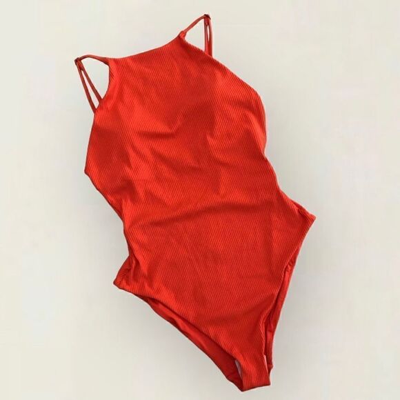 Andie The Asbury Ribed One Piece Swimsuit High neck Adjustable straps Size L NWT - Picture 7 of 9
